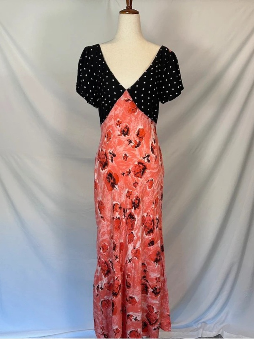 Coral Floral Maxi Dress with Black Polka-Dot Bodice